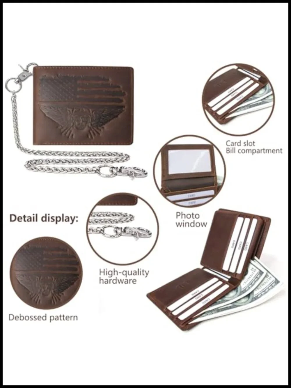 Men's Distressed Genuine Leather Biker Wallet With Chain RFID Blocking 14 Card